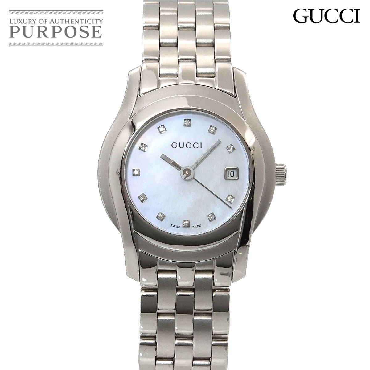 GUCCI 5500L レディース 腕時計 11P ダイヤ デイト ホワイトシェル クォーツ ウォッチ グッチ 90330542
