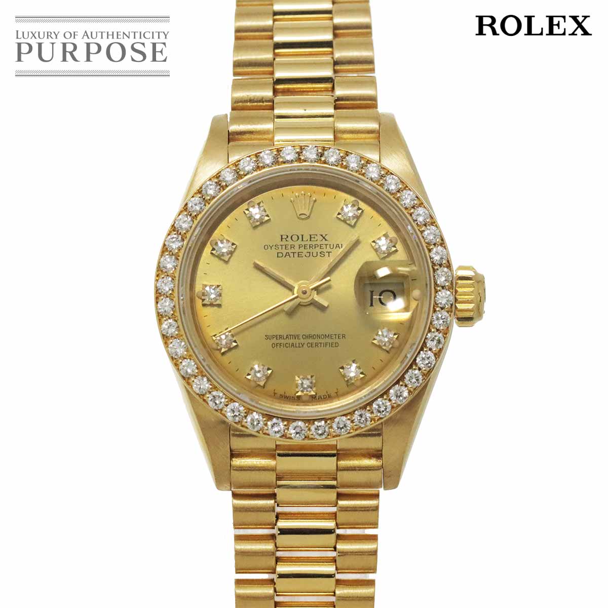 ROLEX デイトジャスト 69138G 9番 ダイヤベゼル レディース 腕時計 10P ダイヤ K18YG イエローゴールド 金無垢 オートマ 自動巻き ウォッチ Datejust ロレックス 90322899