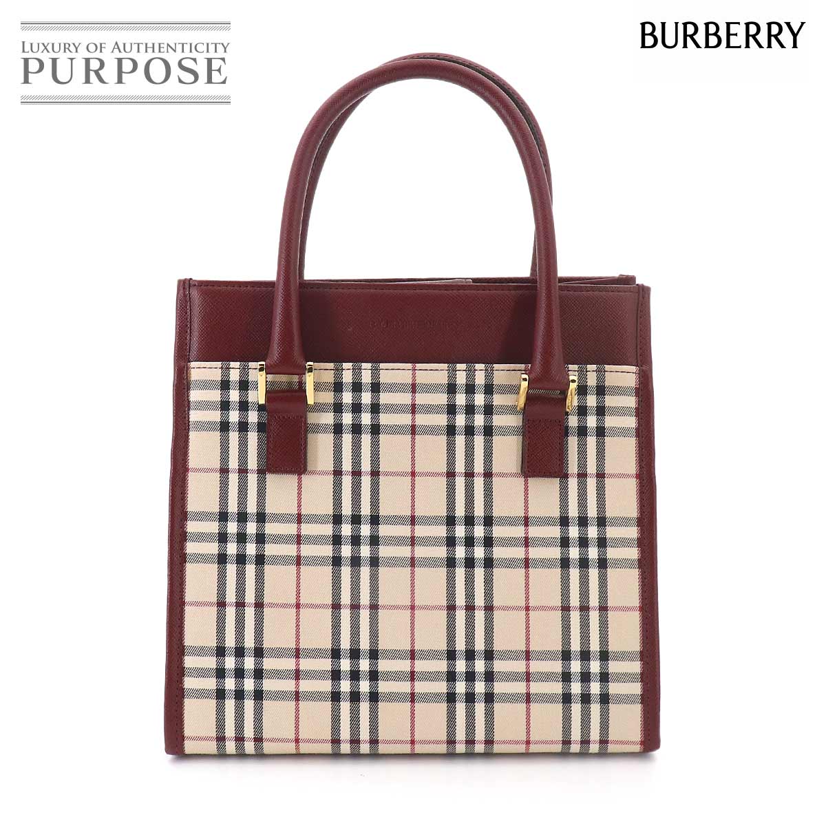 BURBERRY ノバチェック ハンド バッグ キャンバス レザー ベージュ ボルドー ゴールド 金具 Hand Bag バーバリー 90327011