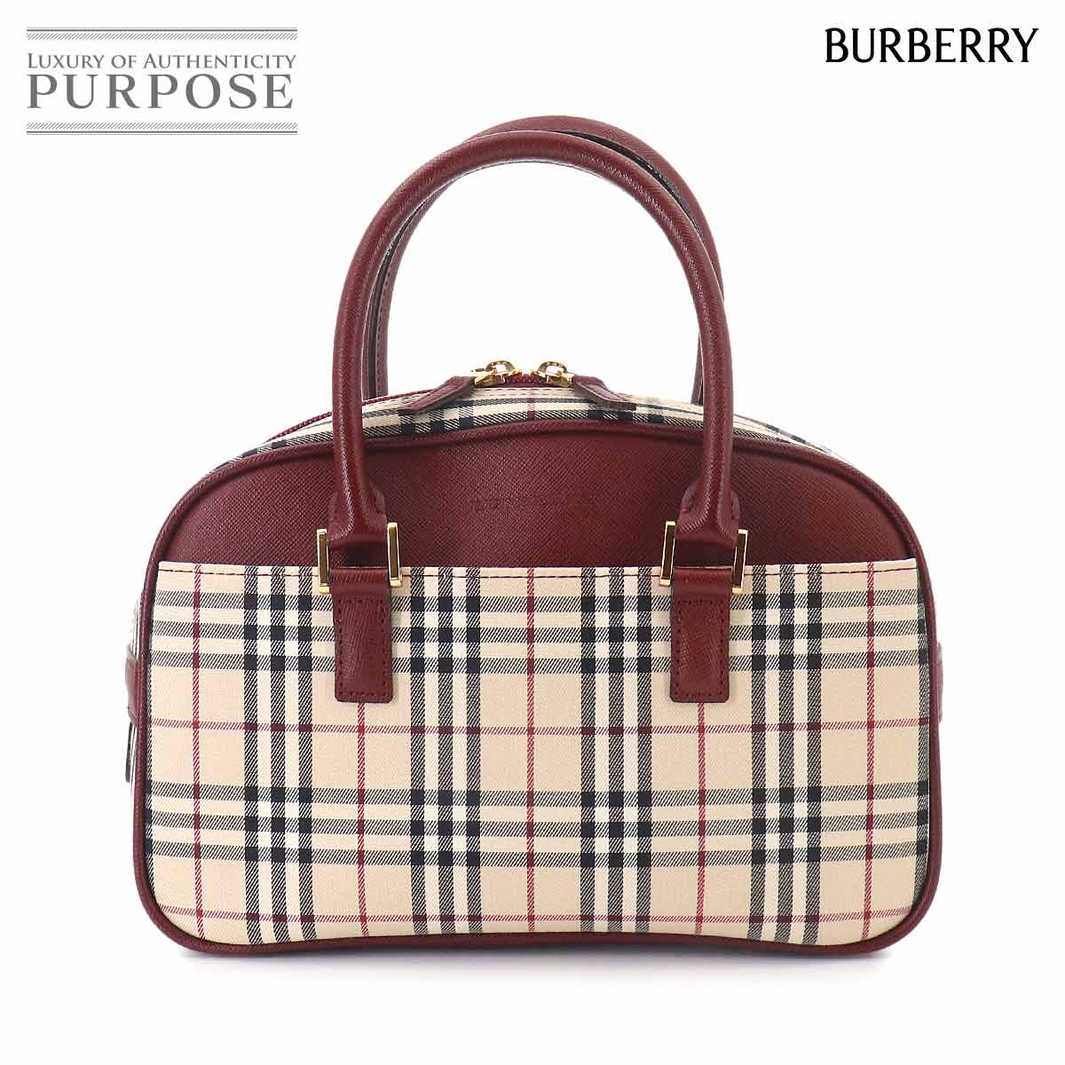 BURBERRY ノバチェック ミニ ボストン ハンド バッグ キャンバス レザー ベージュ ボルドー Mini Boston Bag バーバリー 90327026