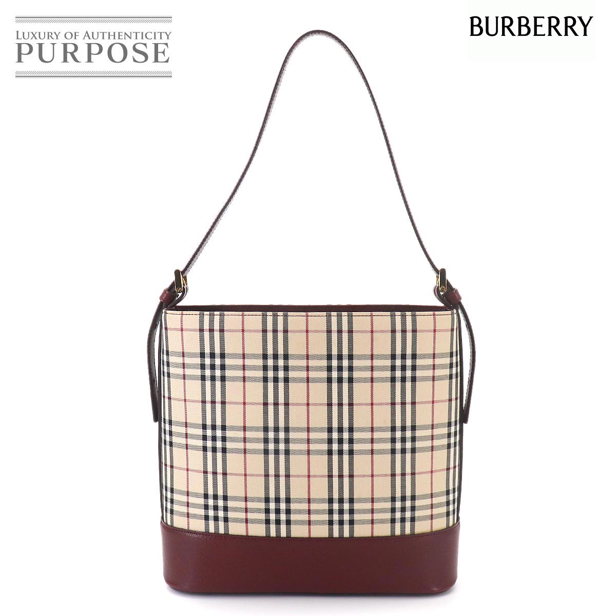 BURBERRY ノバチェック ショルダー バッグ キャンバス レザー ベージュ ボルドー ゴールド 金具 Shoulder Bag バーバリー 90328482