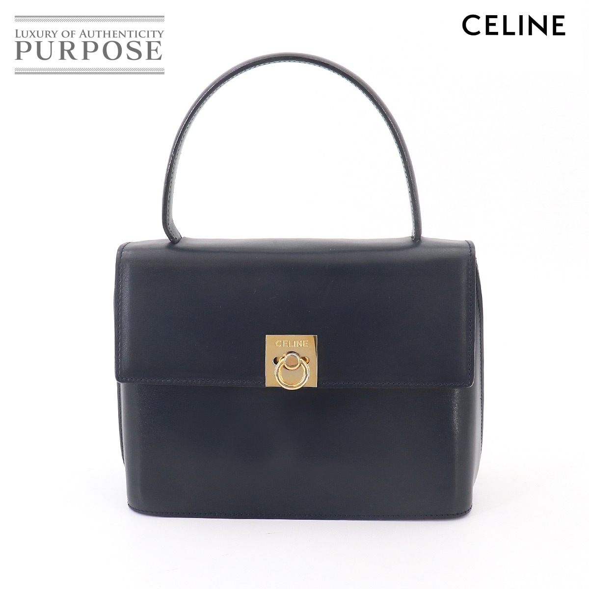 CELINE ハンド バッグ レザー ネイビー ゴールド 金具 ヴィンテージ Hand Bag セリーヌ 90329448
