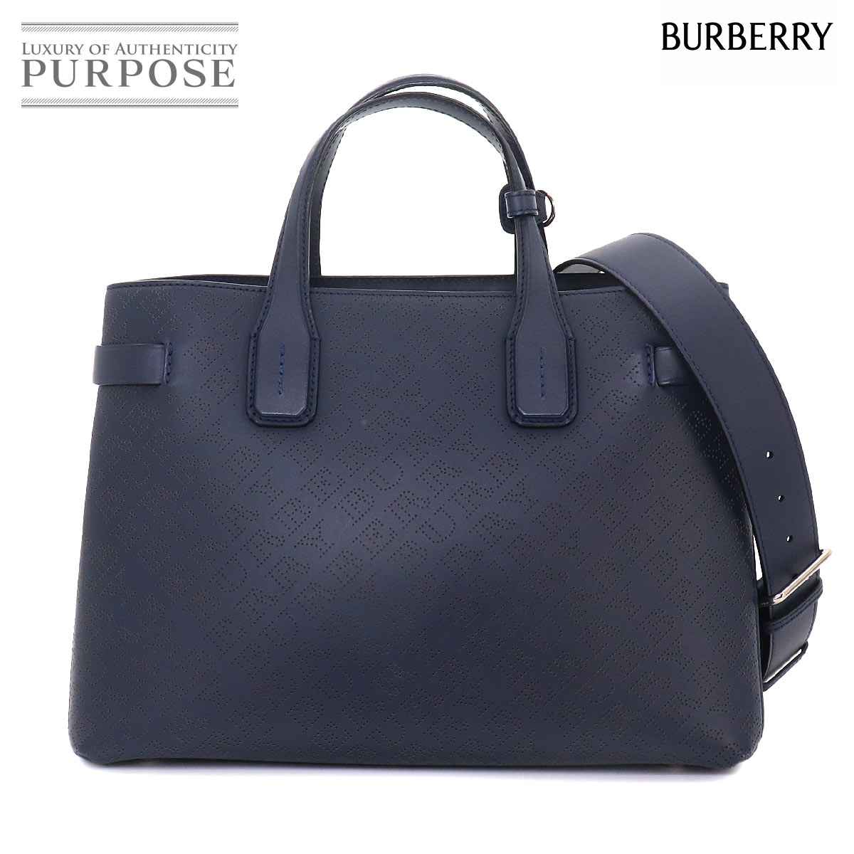 BURBERRY 2way ハンド ショルダー バッグ レザー ネイビー ロゴ シルバー 金具 Hand Shoulder Bag バーバリー 90323897