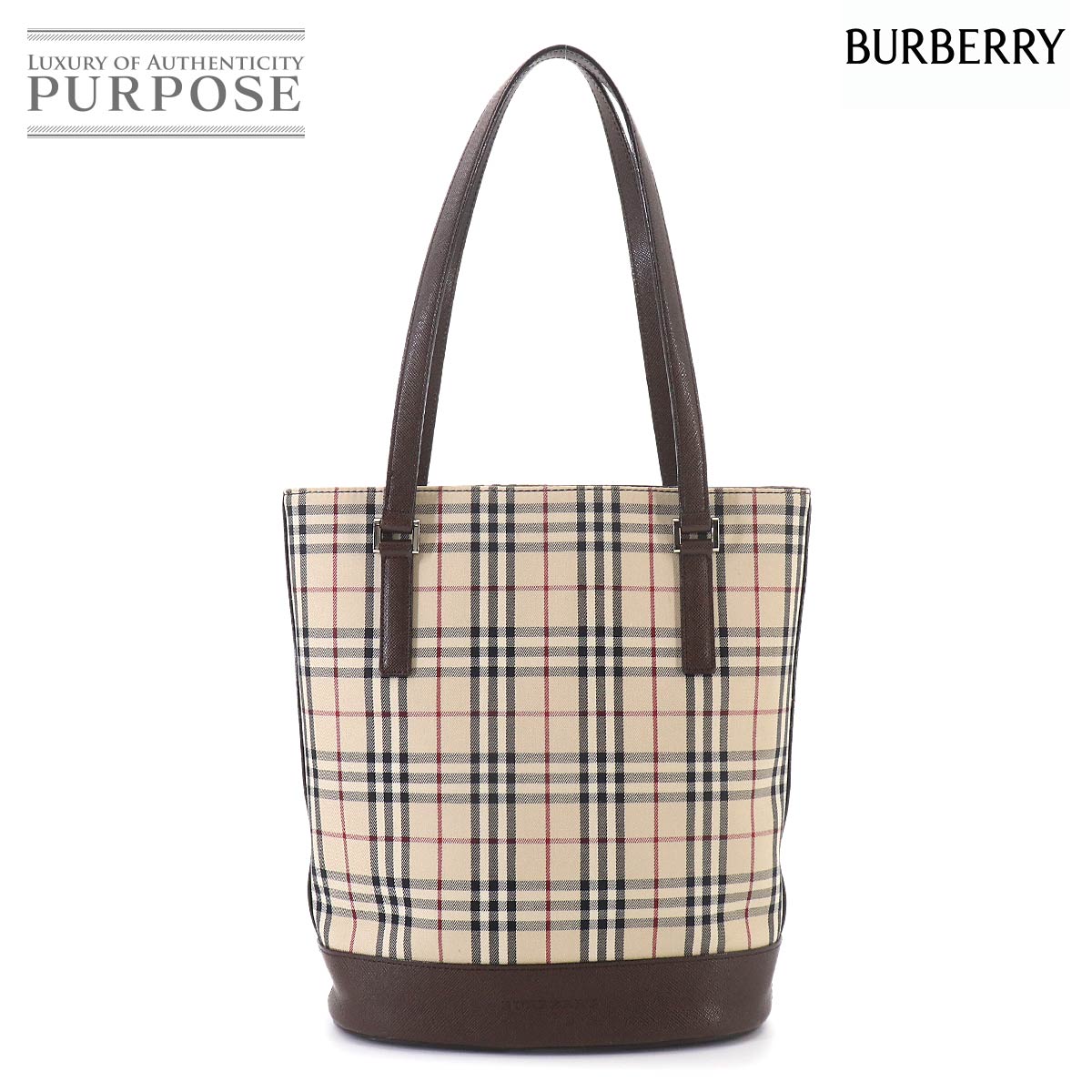 BURBERRY ノバチェック トート バッグ キャンバス レザー ベージュ ブラウン シルバー 金具 Tote Bag バーバリー 90326967