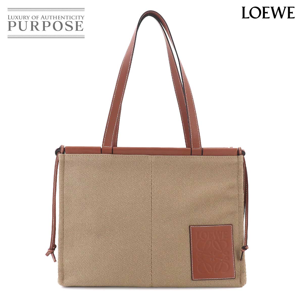 LOEWE クッション トート ラージ バッグ キャンバス レザー ベージュ ブラウン Cushion Tote Bag ロエベ 90327270