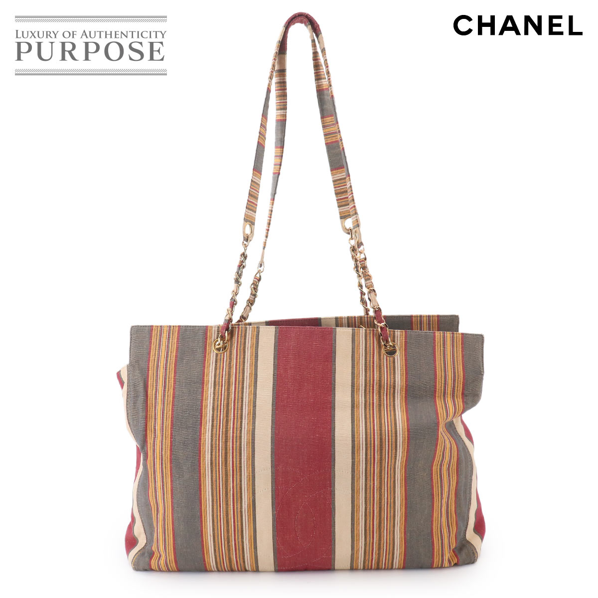 CHANEL デカココ トート バッグ キャンバス マルチカラー ストライプ ゴールド 金具 ヴィンテージ Tote Bag シャネル 90329387