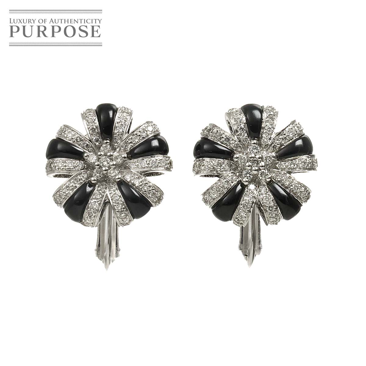 ダイヤ 0.32ct/0.32ct オニキス イヤリング K18 K14 WG White Gold 750 585 Diamond Earrings Clip on 90328967