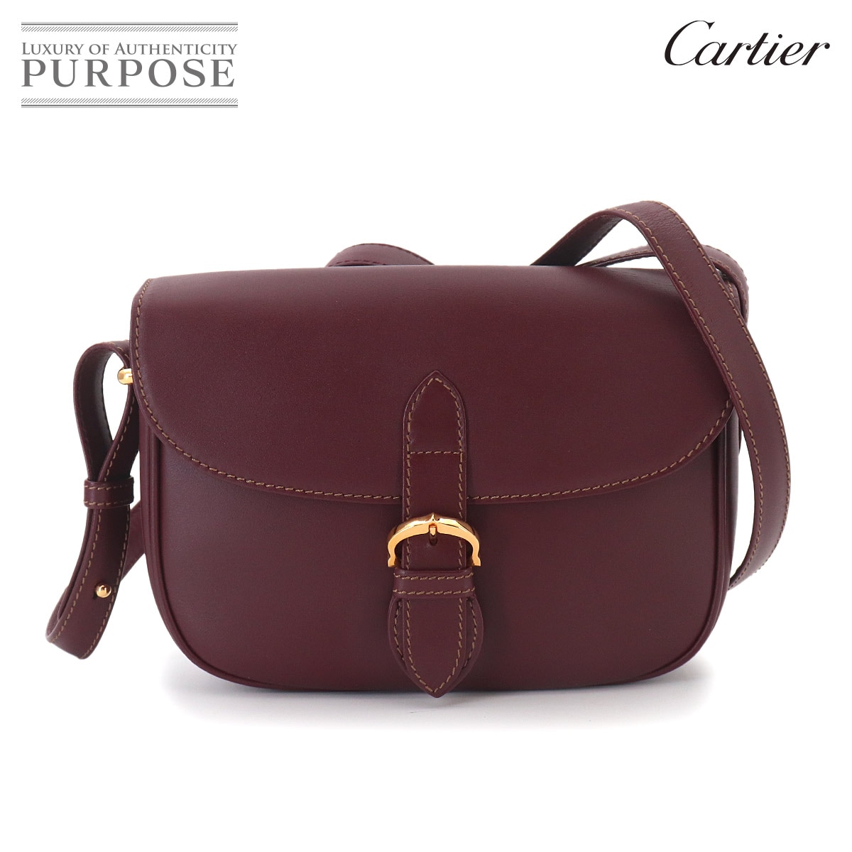 Cartier マストライン ショルダー バッグ レザー ボルドー ゴールド 金具 Must Line Shoulder Bag カルティエ 90328510