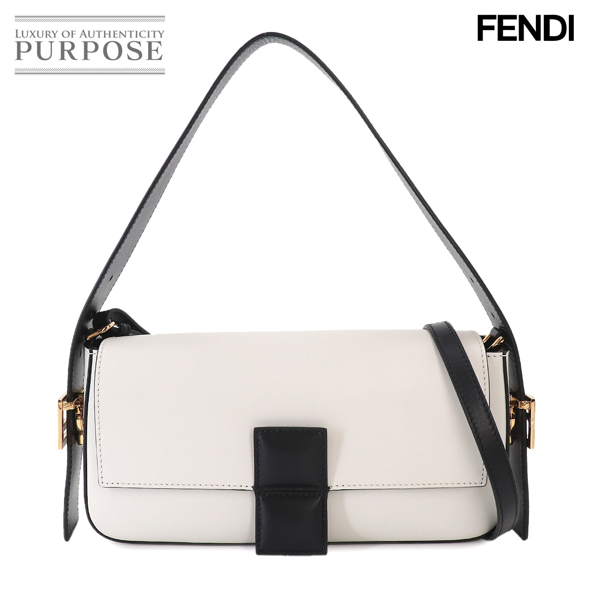FENDI バケット ツイスト 2way ハンド ショルダー バッグ レザー ホワイト ブラック 8BR821 ゴールド 金具 Bucket Twist Bag フェンディ 90326932