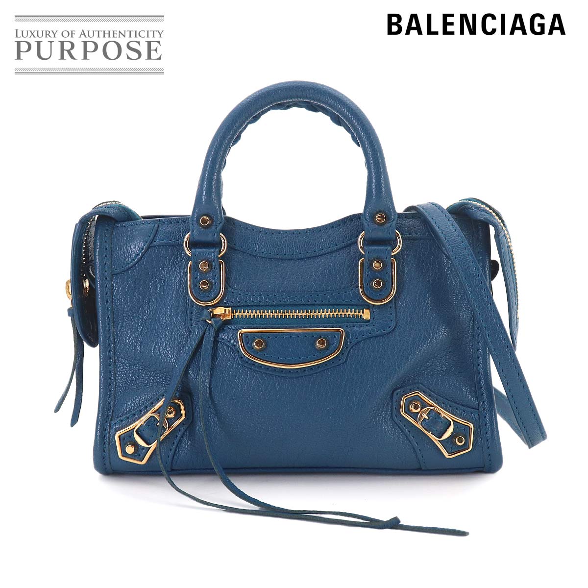 BALENCIAGA クラシック ナノ シティ 2way ハンド ショルダー バッグ レザー ブルー 505982 Classic Nano City バレンシアガ 90329232