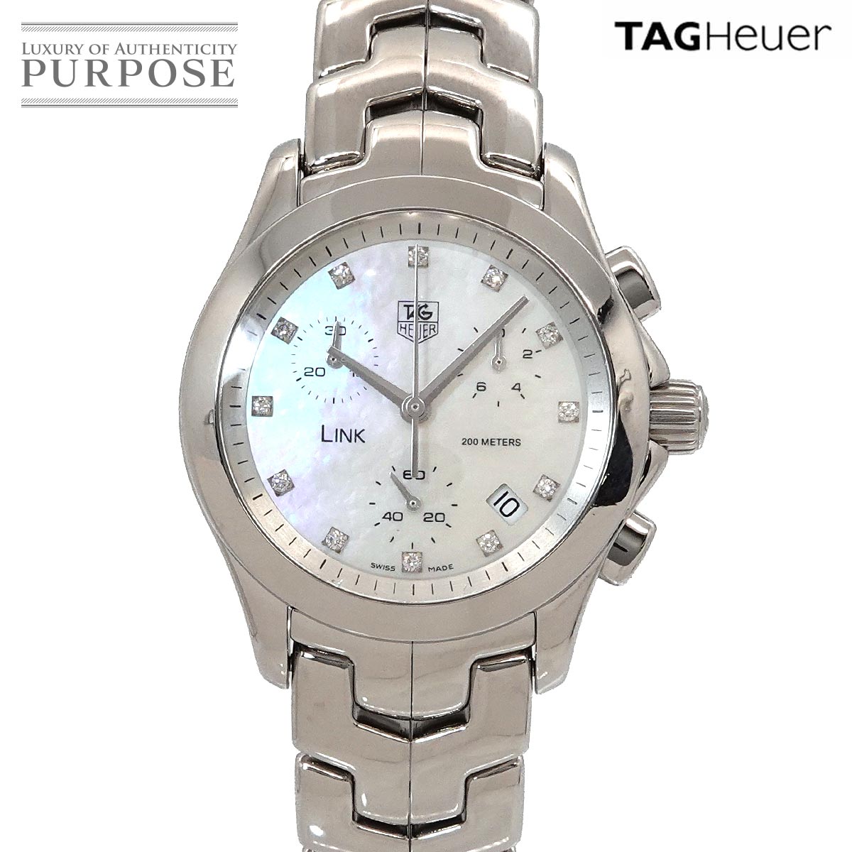 TAG Heuer リンク クロノグラフ CJF1312 レディース 腕時計 デイト 12P ダイヤ ホワイトシェル クォーツ ウォッチ Link タグホイヤー 90324862