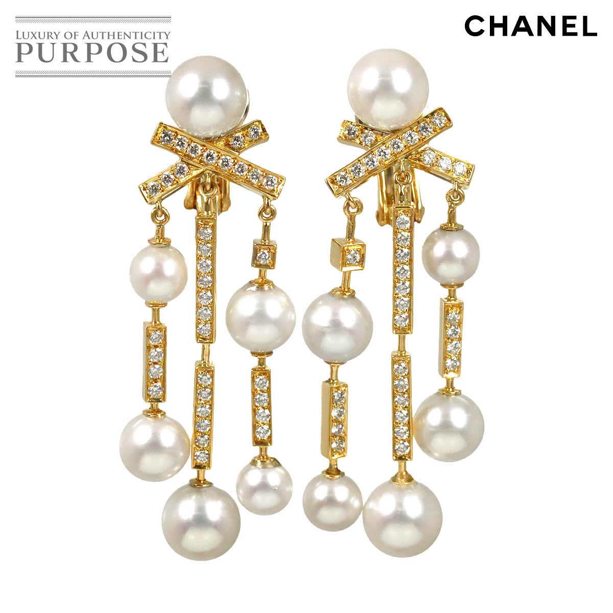 CHANEL アコヤ真珠 7.0-5.0mm ダイヤ ピアス K18 YG イエローゴールド 750 Earrings Pierced シャネル 90329011