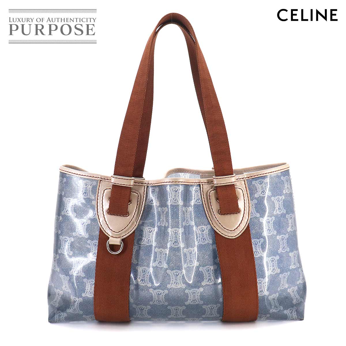 CELINE マカダム トート バッグ ビニール キャンバス レザー ブルー ブラウン ヴィンテージ Macadam Tote Bag セリーヌ 90329410
