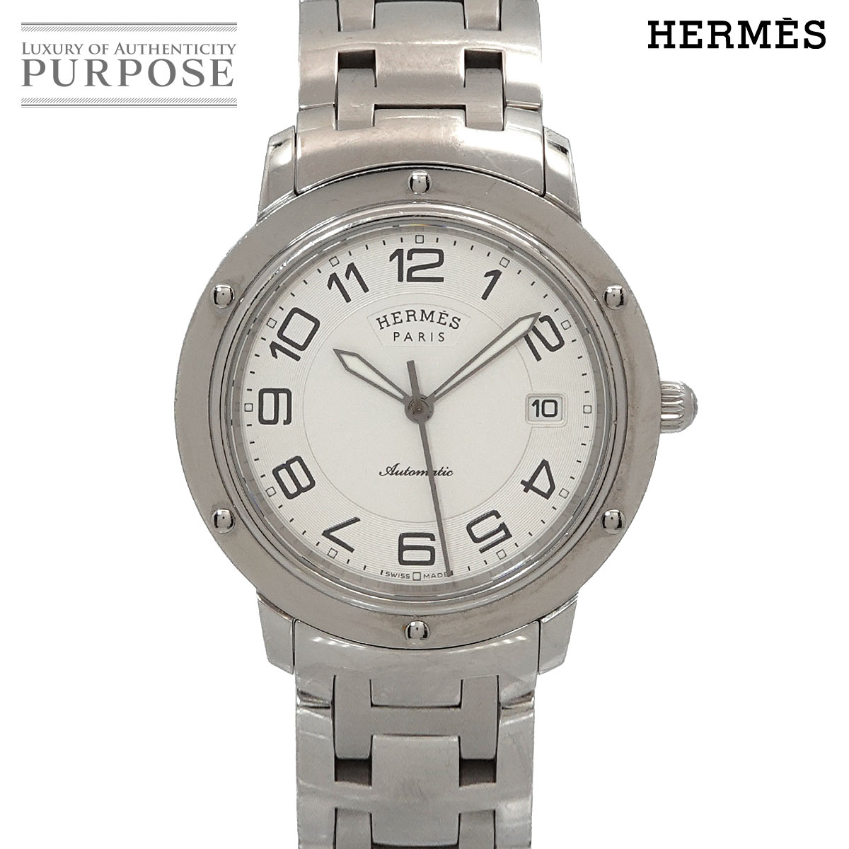HERMES クリッパー クラシック CP2 810 メンズ 腕時計 デイト シルバー 自動巻き オートマ ウォッチ Clipper エルメス 90331924