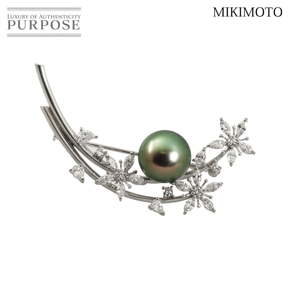 MIKIMOTO 黒蝶真珠 12.0mm ダイヤ 1.61ct ブローチ K18 WG ホワイトゴールド 750 パール Brooch ミキモト 90323672
