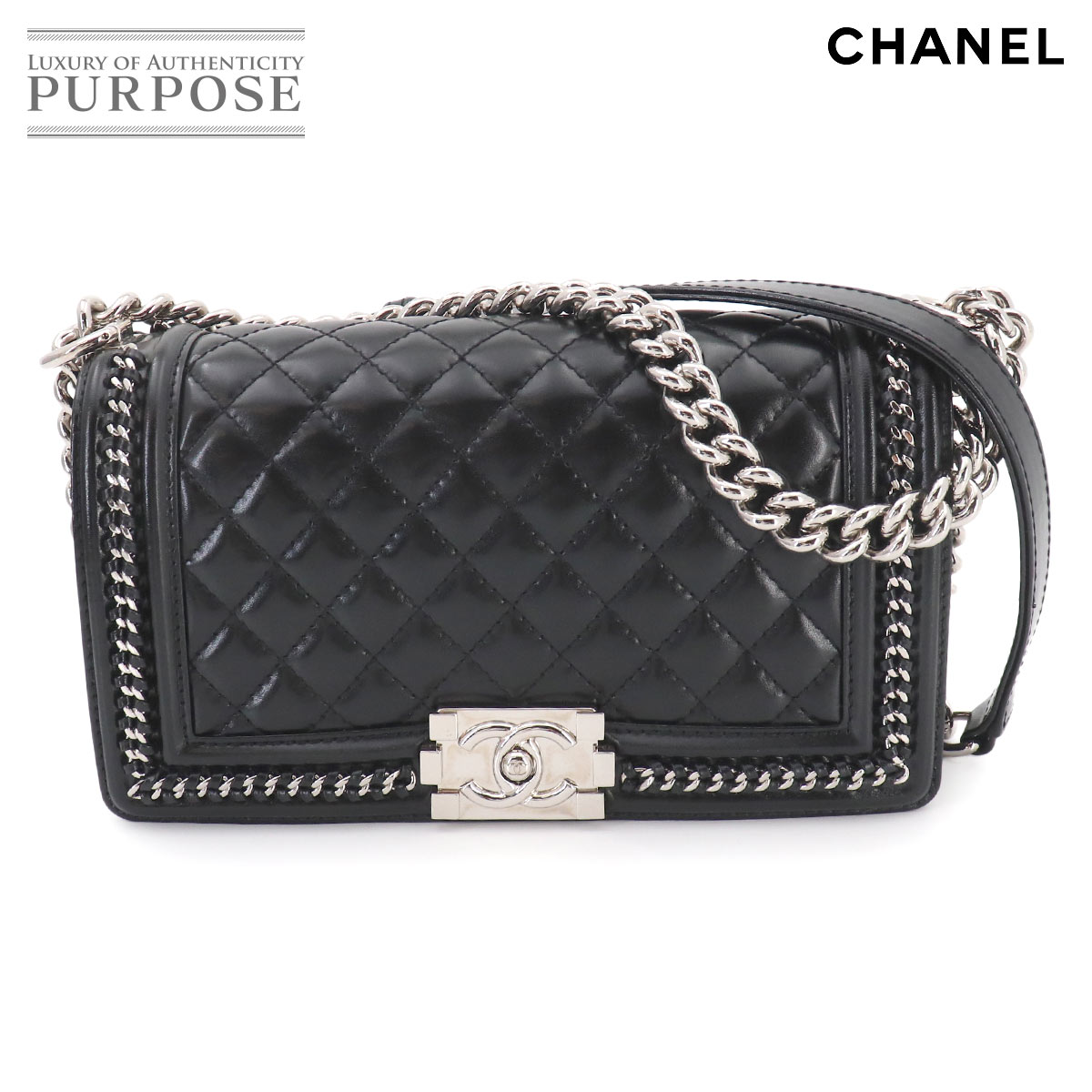 CHANEL ボーイシャネル チェーン ショルダー バッグ カーフスキン ブラック シルバー 金具 Boy Chanel Bag シャネル 90330111