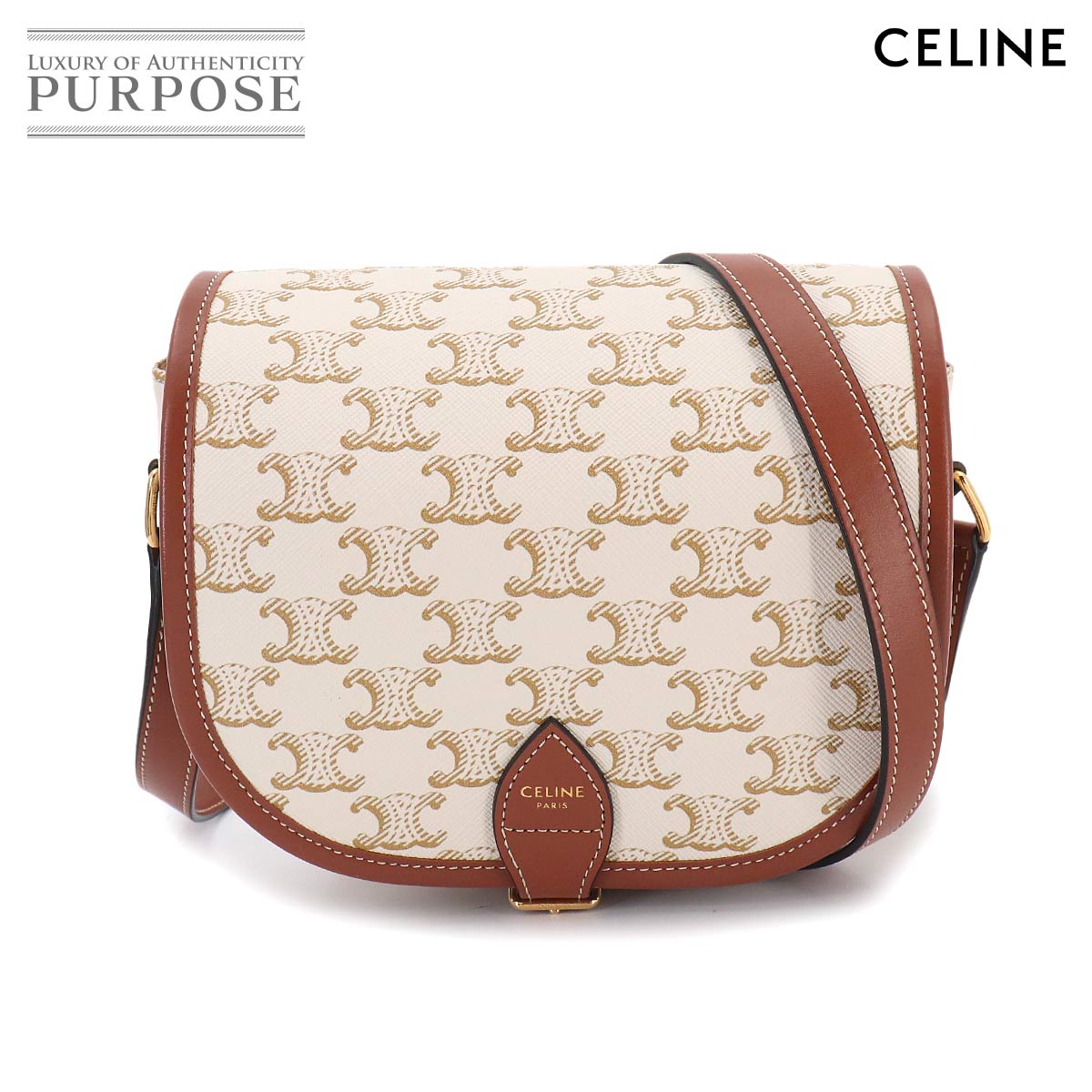 CELINE トリオンフ ミディアム フォルコ ショルダー バッグ PVC レザー ホワイト ブラウン 191502 ゴールド 金具 Medium Folco Bag セリーヌ 90330113