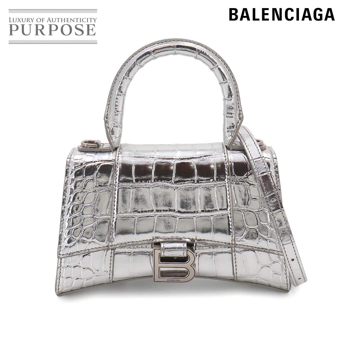 BALENCIAGA アワーグラス XS 2way ハンド ショルダー バッグ レザー クロコ型押し メタリックシルバー 592833 Hourglass Bag バレンシアガ 90330960