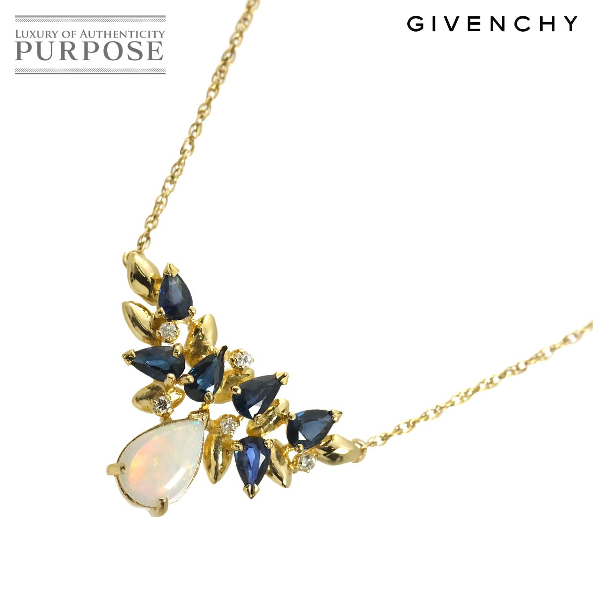 GIVENCHY オパール サファイヤ ダイヤ ネックレス 43cm K18 YG イエローゴールド 750 Opal Necklace ジバンシー 90326905