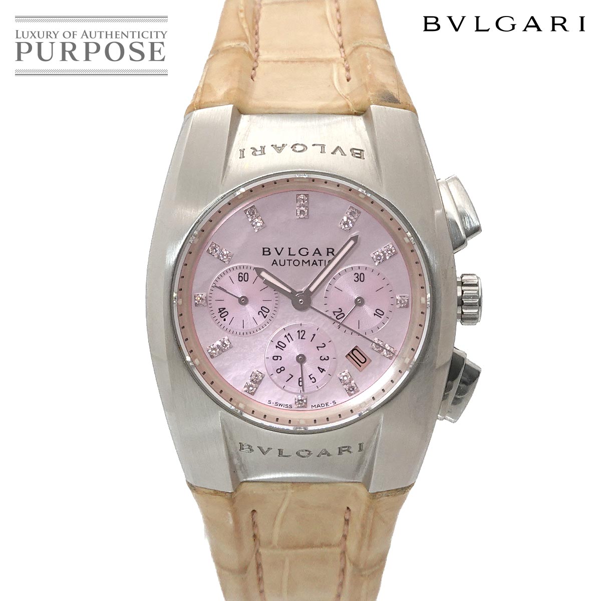 BVLGARI エルゴン クロノグラフ EG35SCH レディース 腕時計 21P ダイヤ デイト ピンクシェル オートマ 自動巻き ウォッチ ブルガリ 90330520