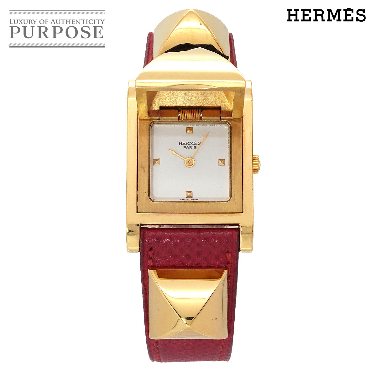 HERMES メドール ヴィンテージ レディース 腕時計 ピラミッド ゴールド スタッズ ホワイト レッド レザー クォーツ ウォッチ Medor エルメス 90333226