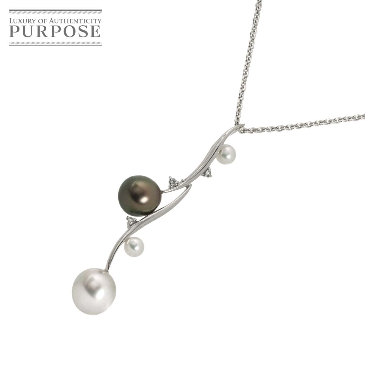 黒蝶 白蝶 アコヤ真珠 9.2-4.3mm ダイヤ 0.05ct ネックレス 44.5cm K18 WG ホワイトゴールド 750 Pearl Necklace 90329641