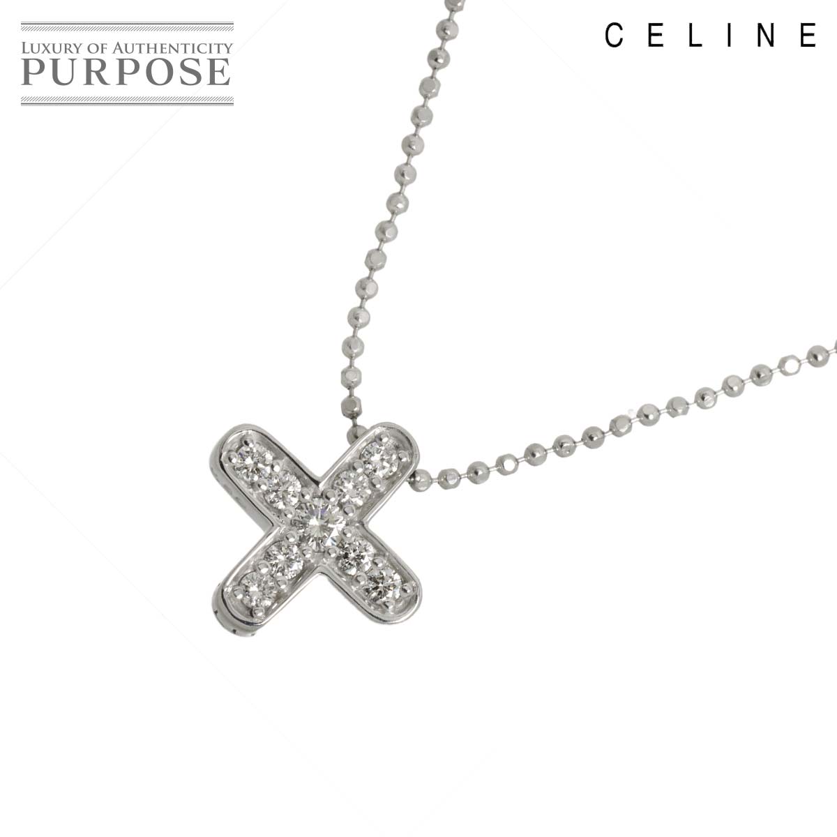 CELINE クロス ダイヤ 0.33ct ネックレス 42cm K18 WG ホワイトゴールド 750 Diamond Necklace セリーヌ 90326562