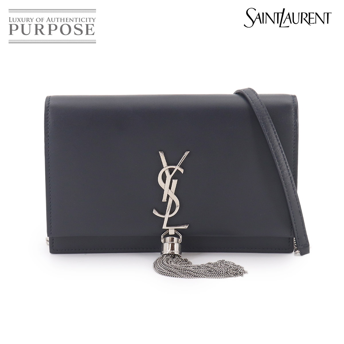 SAINT LAURENT ケイト チェーン ウォレット 二つ折り 長財布 レザー ネイビー 452159 Kate Wallet サンローラン 90330106