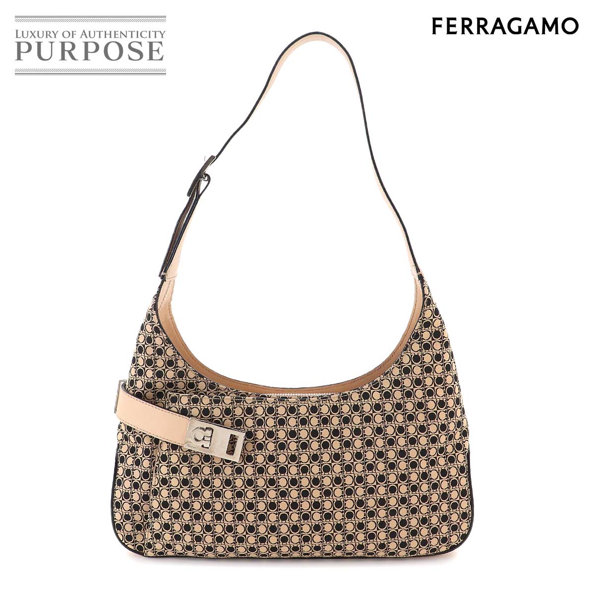 Salvatore Ferragamo ガンチーニ ショルダー バッグ キャンバス レザー ベージュ ブラック AQ-21 0201 Gancini Bag サルヴァトーレ フェラガモ 90330128