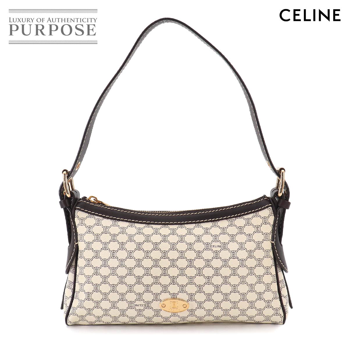 CELINE マカダム柄 ショルダー バッグ PVC レザー ホワイト ブラウン ゴールド 金具 ヴィンテージ Macadam Shoulder Bag セリーヌ 90329396