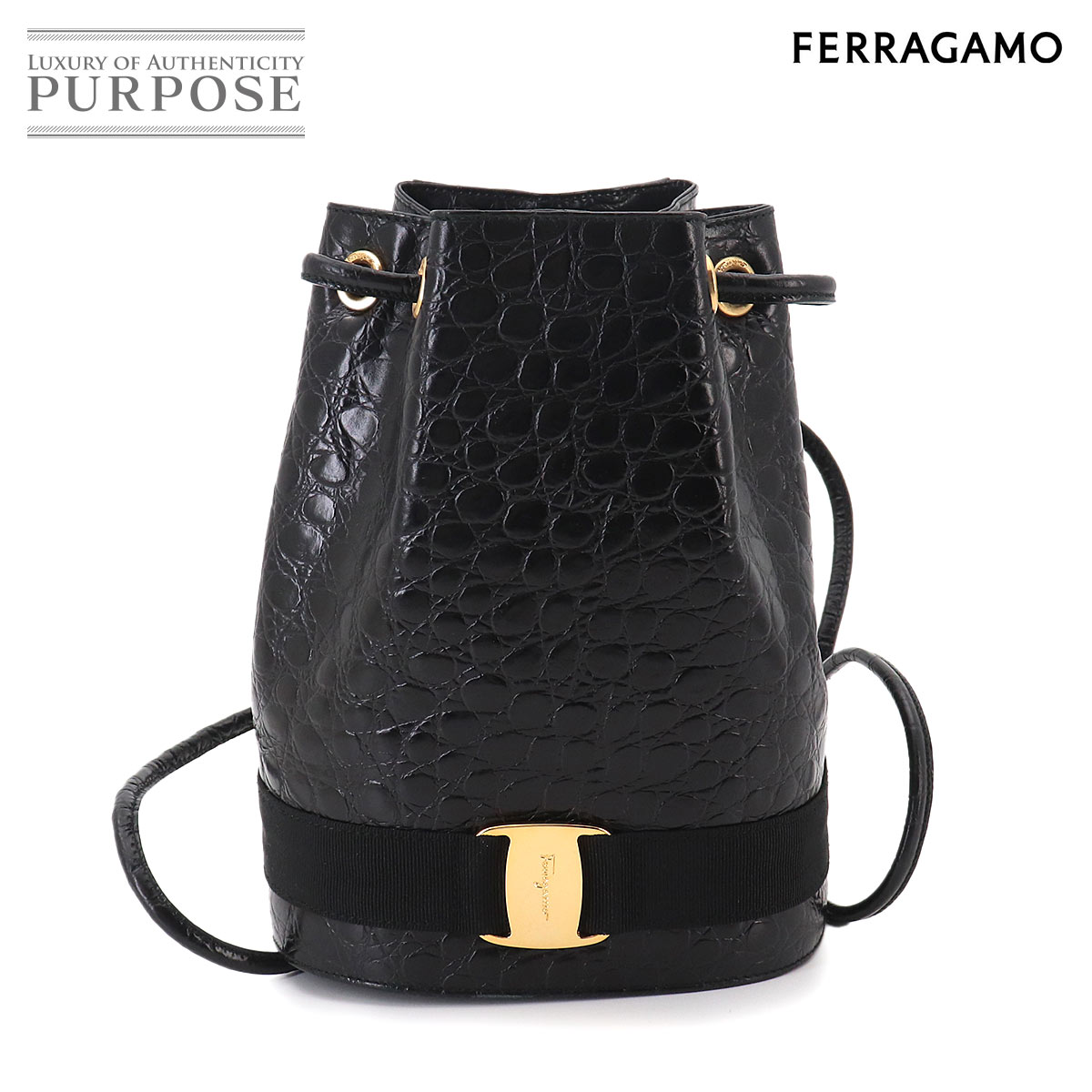 Salvatore Ferragamo ヴァラ バックパック リュックサック 型押し レザー ブラック AQ215-676 ゴールド 金具 ヴィンテージ Vara Backpack サルヴァトーレ フェラガモ 90330328