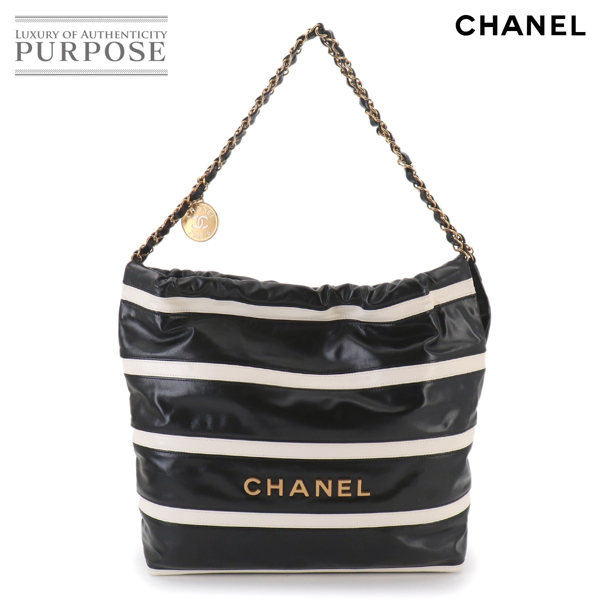 CHANEL 22 スモール チェーン ショルダー バッグ カーフスキン ブラック ストライプ AS3260 ポーチ付き CHANEL 22 Small Bag シャネル 90330854