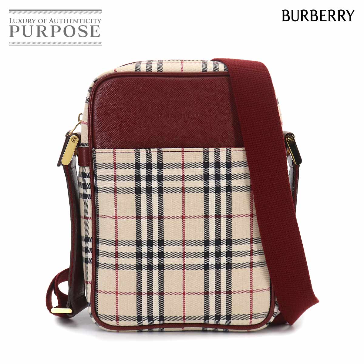 BURBERRY ノバチェック ショルダー バッグ キャンバス レザー ベージュ ボルドー ゴールド 金具 Shoulder Bag バーバリー 90331118