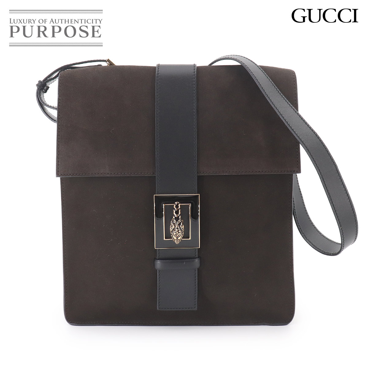 GUCCI タイガー ヘッド ショルダー バッグ スエード レザー ブラウン ブラック ゴールド 金具 001-4079 Shoulder Bag グッチ 90331061