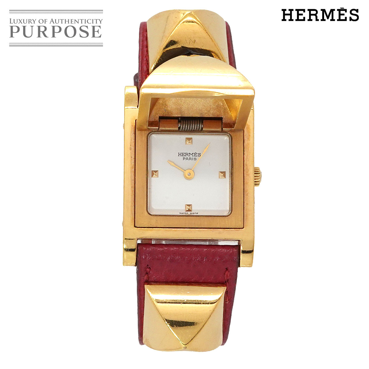 HERMES メドール ヴィンテージ レディース 腕時計 ピラミッド ゴールド スタッズ ホワイト レッド レザー クォーツ ウォッチ Medor エルメス 90334378