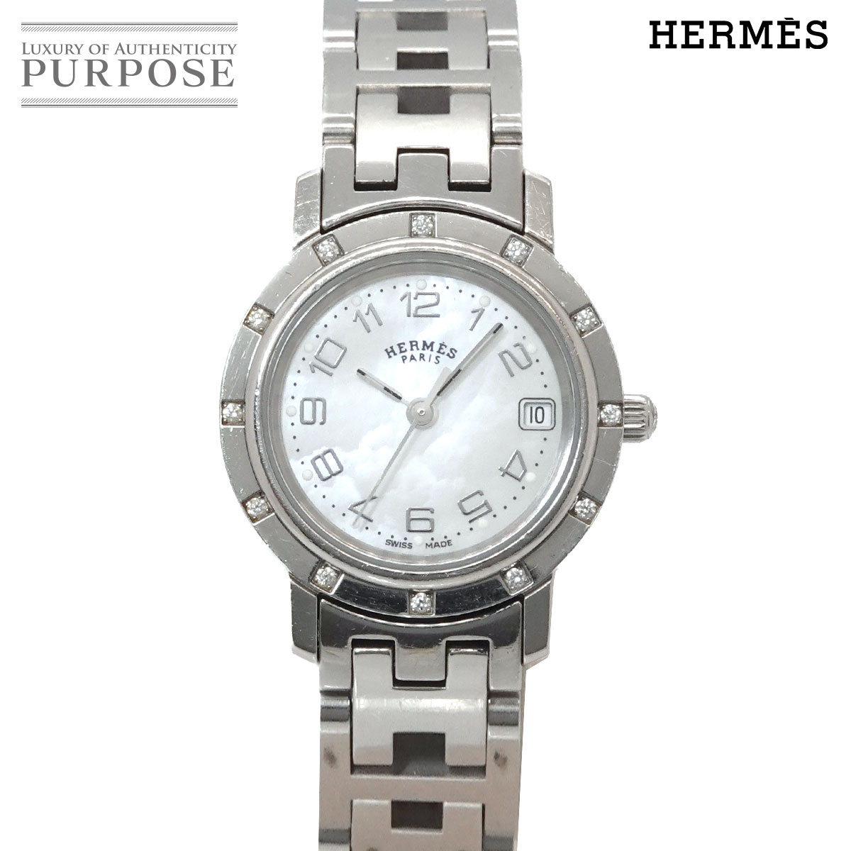 HERMES クリッパー ナクレ CL4 230 レディース 腕時計 12P ダイヤ ベゼル ホワイトシェル クォーツ ウォッチ エルメス 90334911
