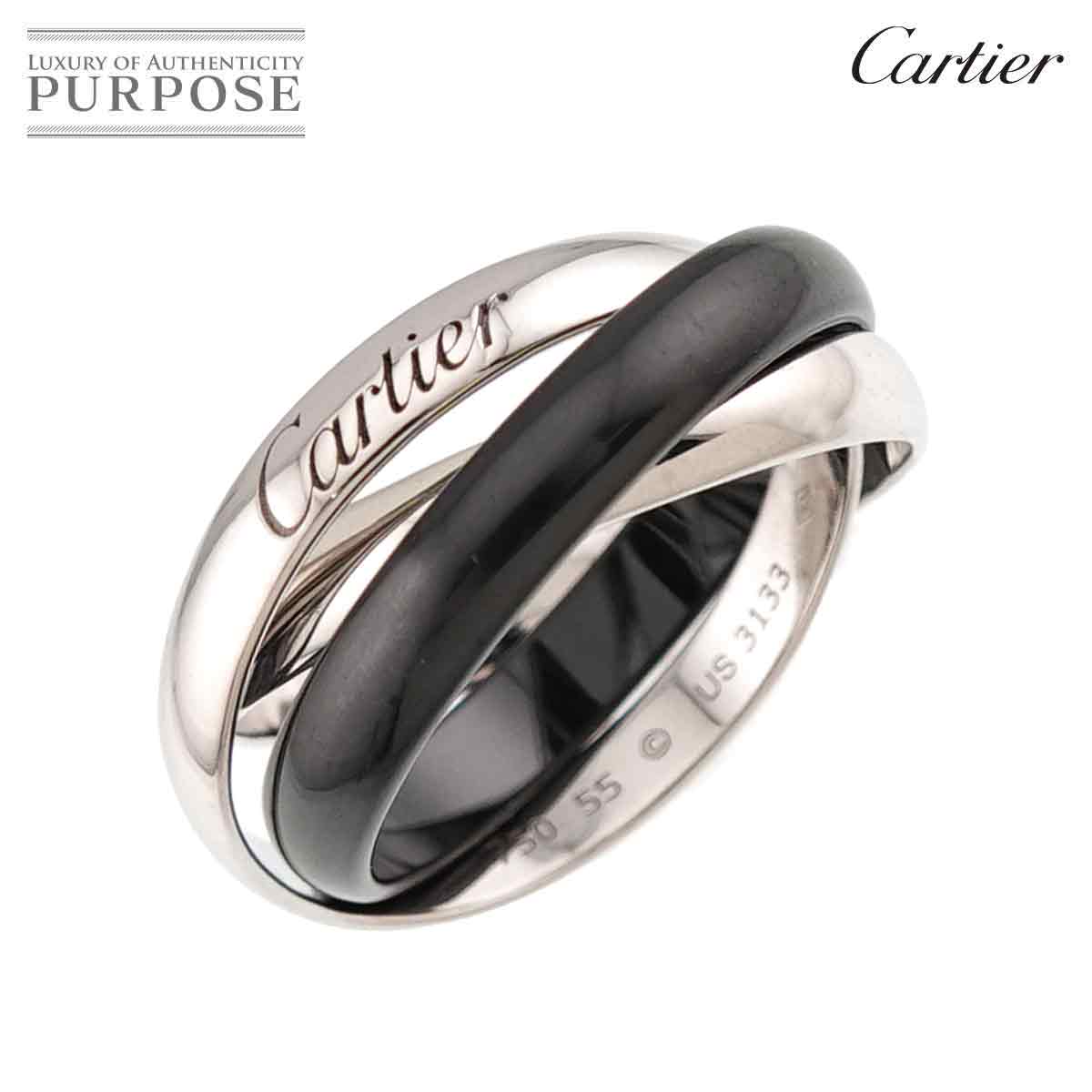 Cartier トリニティ MM #55 リング セラミック K18 WG 3連 750 ホワイトゴールド 指輪 Trinity Ring カルティエ 90332258