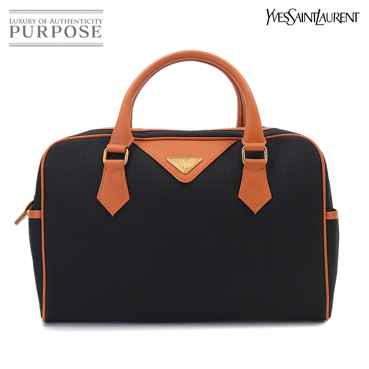 YVES SAINT LAURENT ボストン ハンド バッグ PVC レザー ブラック ブラウン ゴールド 金具 ヴィンテージ Hand Bag イヴ サンローラン 90331020