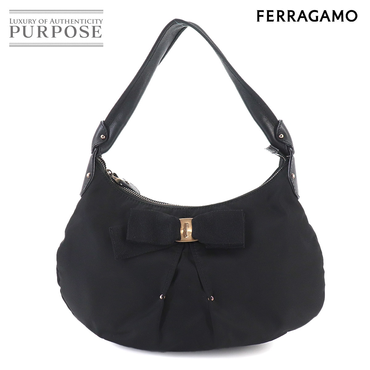 Salvatore Ferragamo ヴァラリボン ワンショルダー バッグ ナイロン レザー ブラック ヴィンテージ Vara One Shoulder Bag サルヴァトーレ フェラガモ 90331091