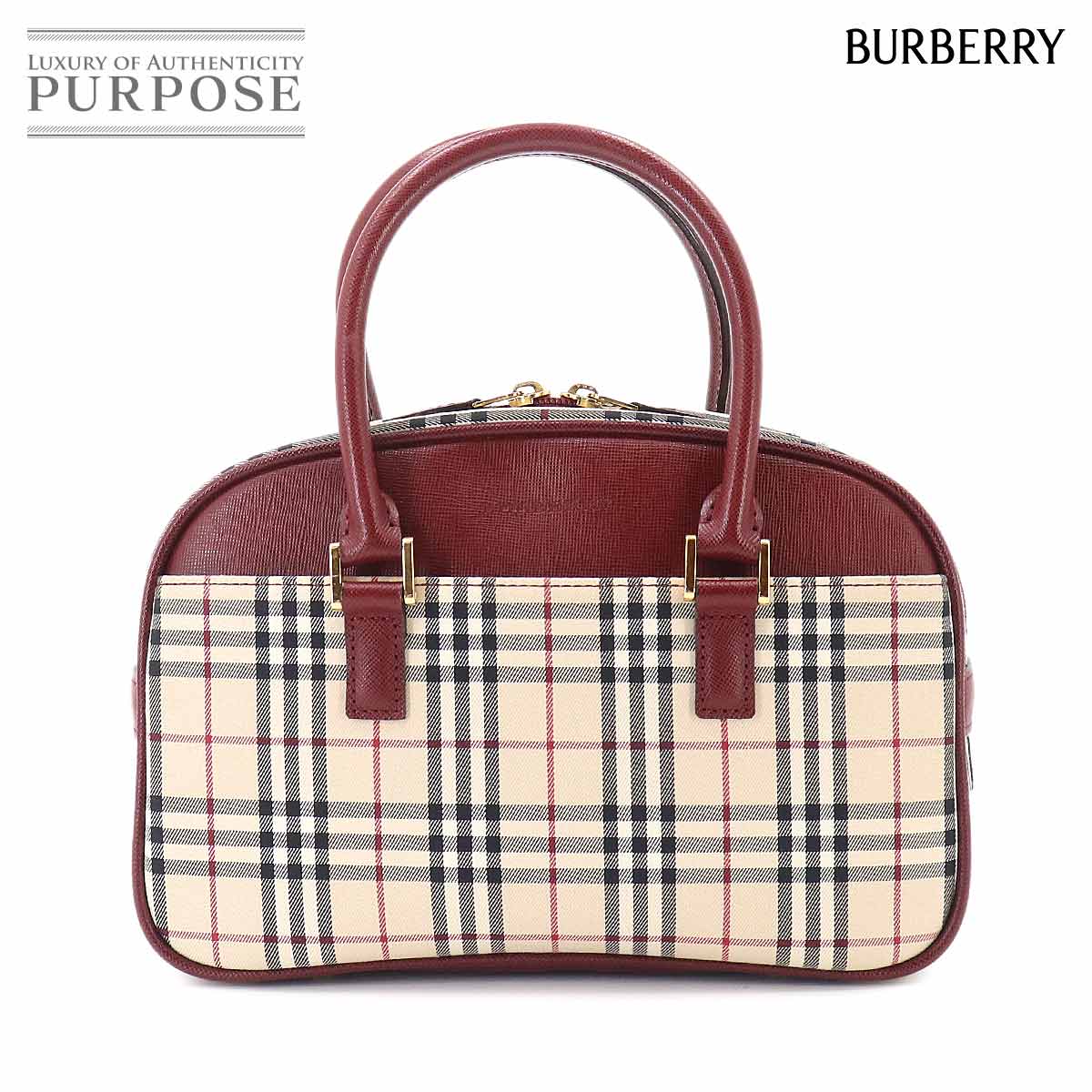 BURBERRY ノバチェック ミニ ボストン ハンド バッグ キャンバス レザー ベージュ ボルドー Mini Boston Bag バーバリー 90331120