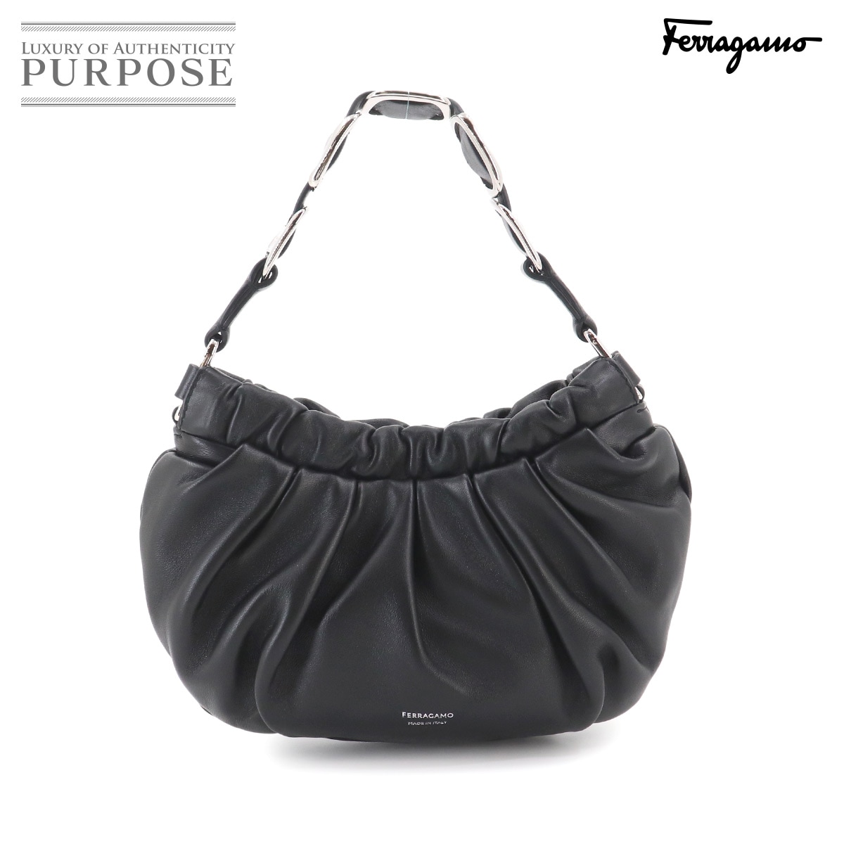 Salvatore Ferragamo ハグ ミニ ハンド バッグ レザー ブラック LD-220921 シルバー 金具 Hug Mini Bag サルヴァトーレ フェラガモ 90331257
