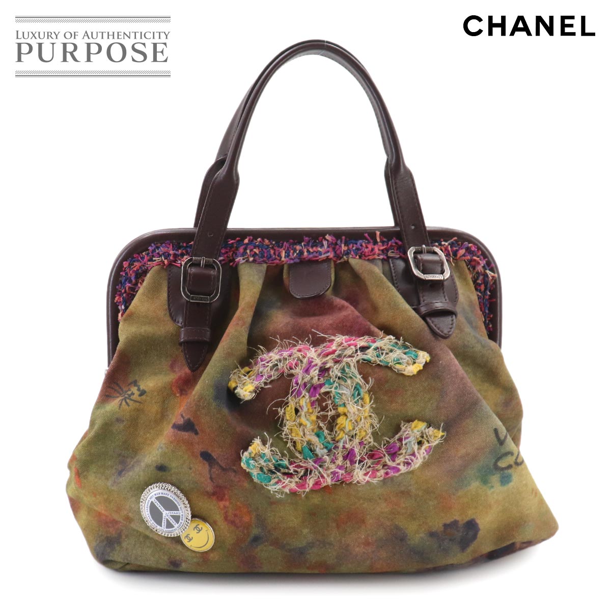 CHANEL エンブロイダリー グラフィティ ハンド バッグ キャンバス レザー カーキ ブラウン A92791 がま口 Embroidery Graffiti Bag シャネル 90332442
