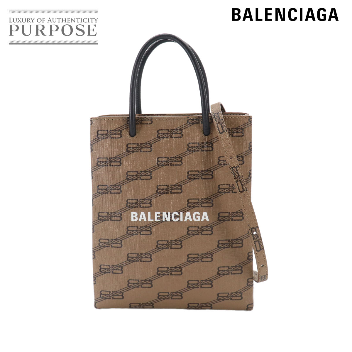 BALENCIAGA BBモノグラム ラージ ショッピング バッグ 2way ハンド ショルダー バッグ PVC レザー ブラウン 693805 Large Shopping Bag バレンシアガ 90332389