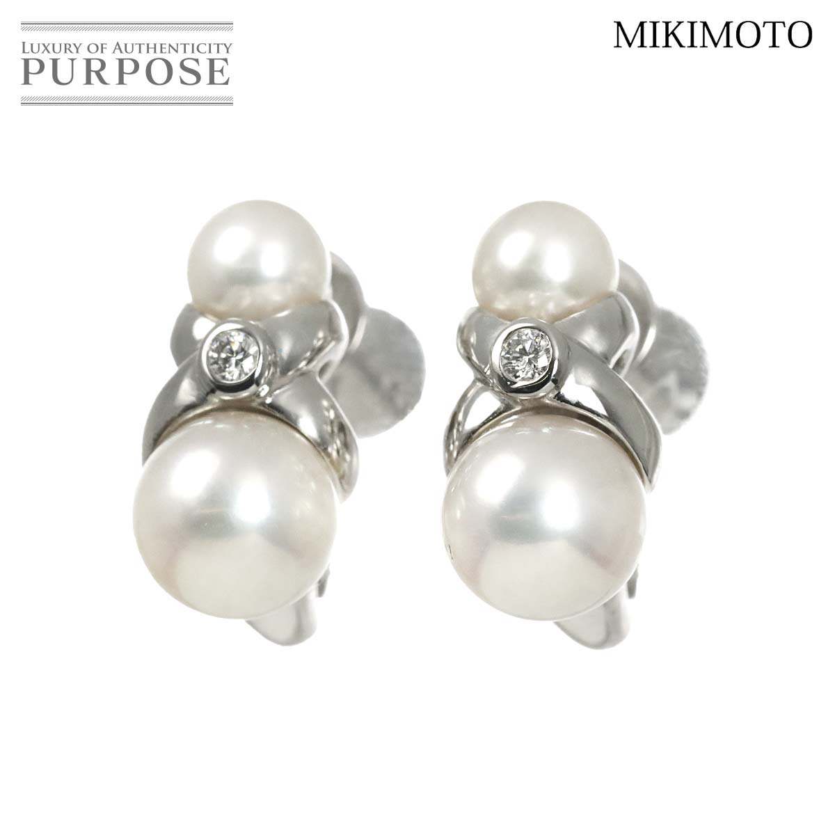 MIKIMOTO アコヤ真珠 6.8-4.8mm ダイヤ イヤリング K18 WG ホワイトゴールド 750 パール Akoya Pearl Earrings ミキモト 90326542