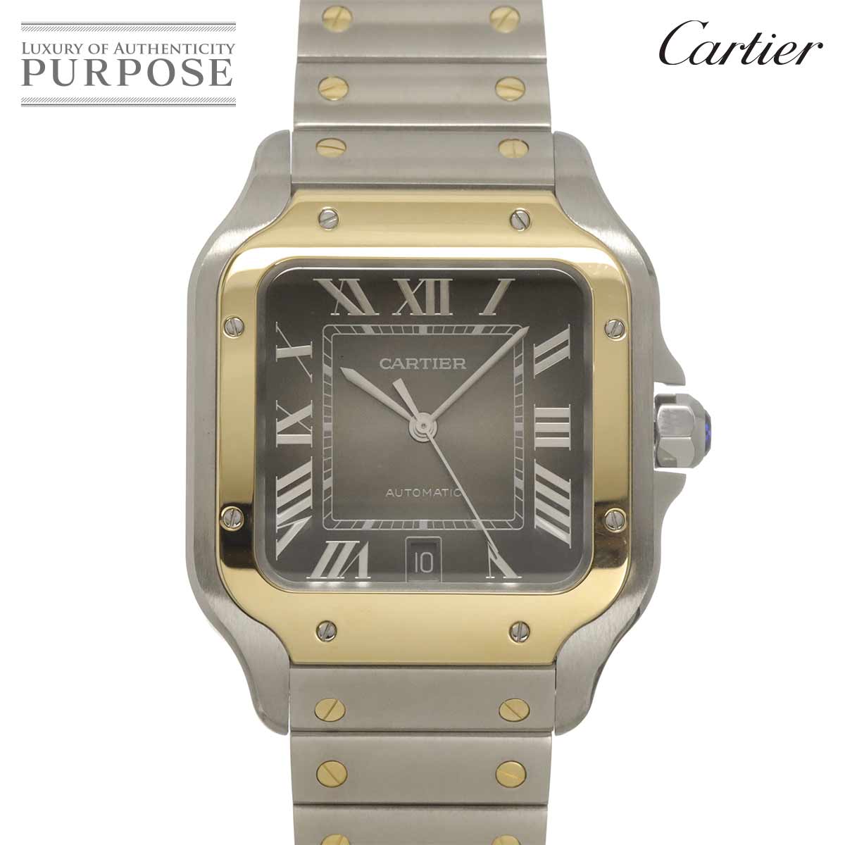 Cartier サントスドゥカルティエLM コンビ W2SA0030 メンズ 腕時計 デイト グレー K18YG 自動巻き Santos de Cartier カルティエ 90330096