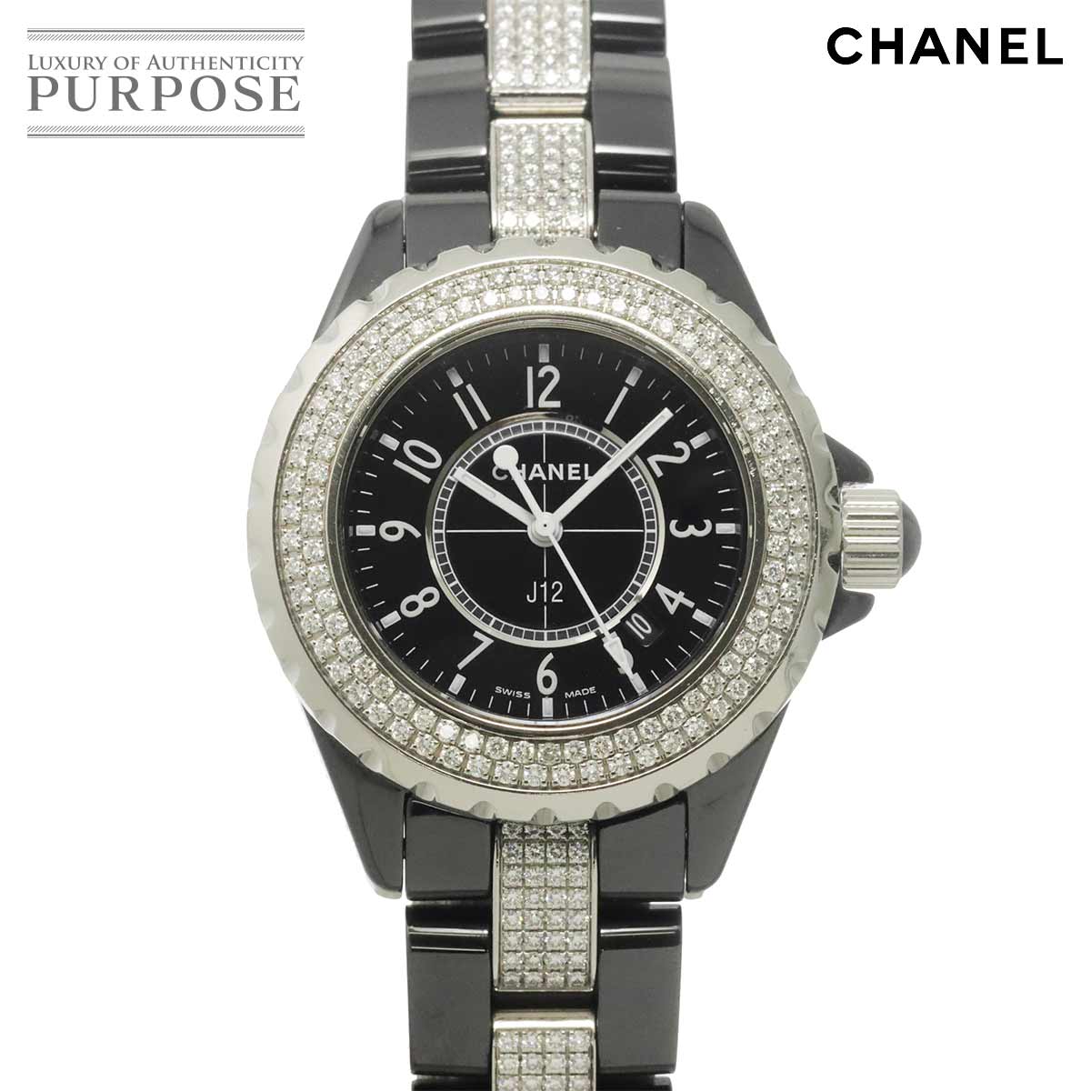 CHANEL J12 33mm H1338 純正ダイヤ レディース 腕時計 ブラック セラミック デイト クォーツ ウォッチ シャネル 90331435