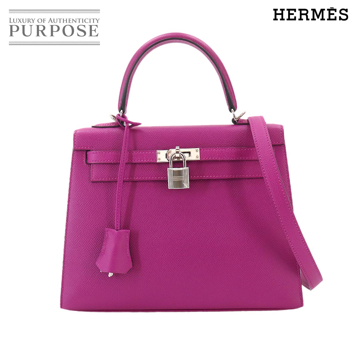 HERMES ケリー 25 エプソン ローズパープル 2way ハンド ショルダー バッグ 外縫い C刻印 シルバー 金具 Kelly 25 エルメス 90315949