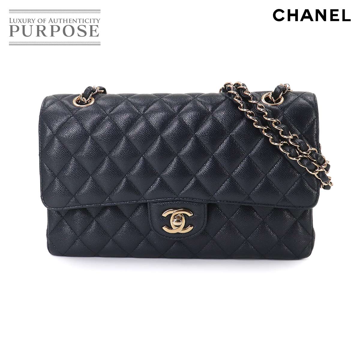 CHANEL マトラッセ 25 チェーン ショルダー バッグ キャビアスキン ネイビー A01112 ゴールド 金具 ココマーク Matelasse Bag シャネル 90327150