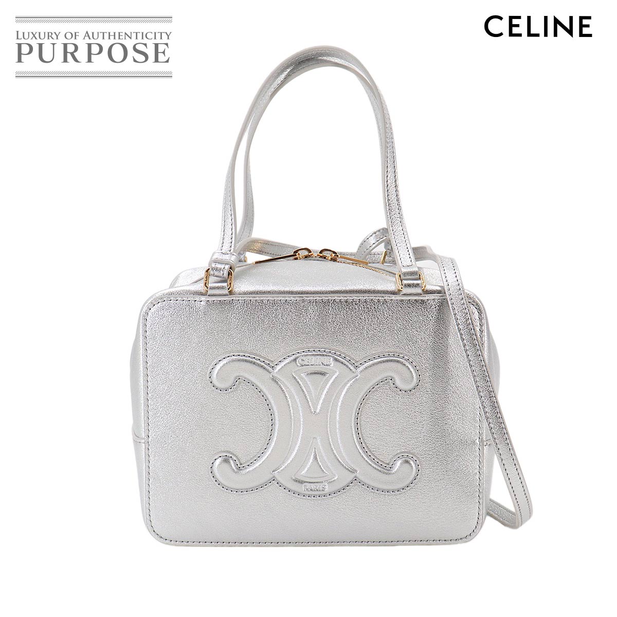 CELINE キュイル トリオンフ 2way ハンド ショルダー バッグ レザー メタリックシルバー ゴールド 金具 Cuir Triomphe Bag　セリーヌ 90327211