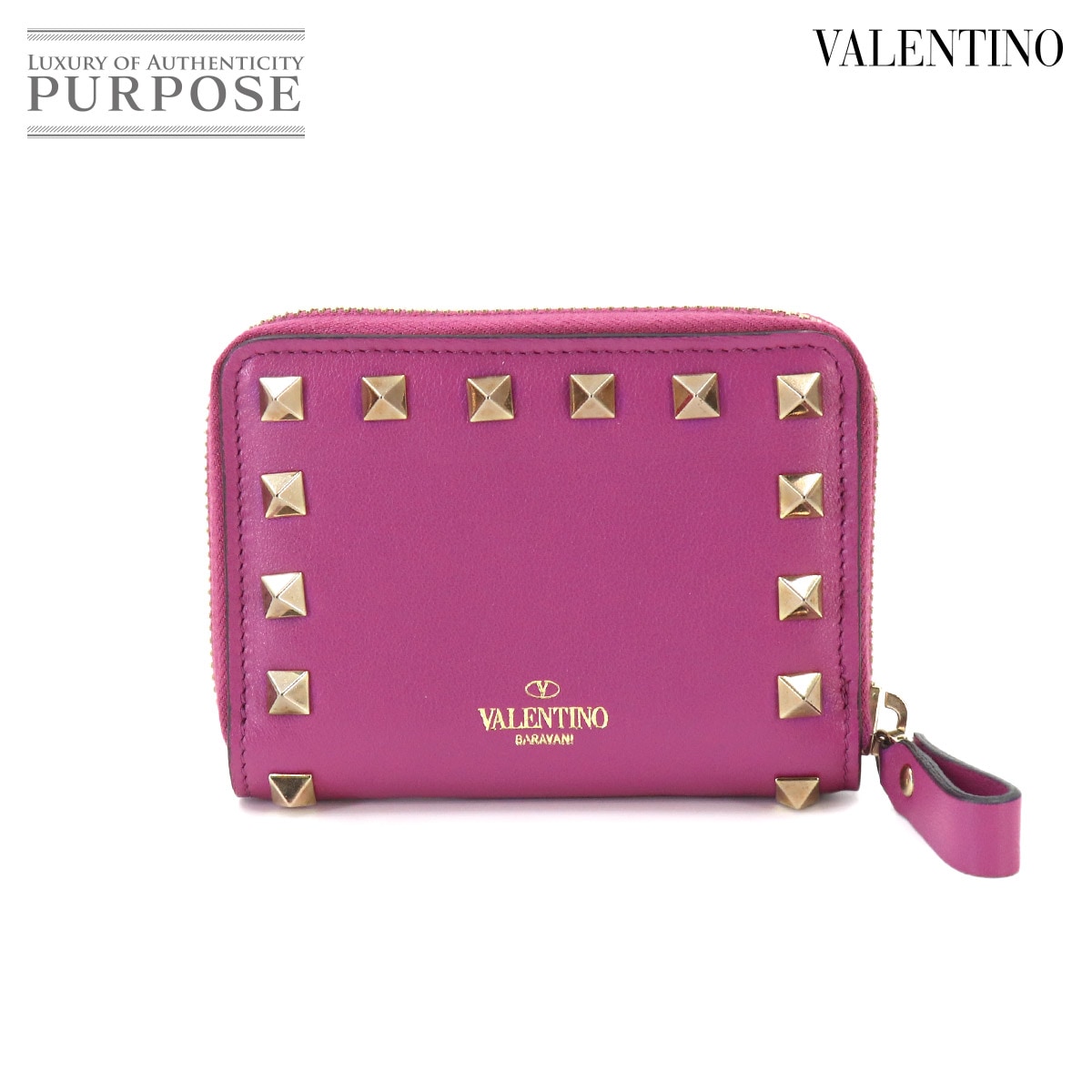 VALENTINO GARAVANI ロックスタッズ コンパクト ウォレット カードケース 財布 レザー パープル Rock Studs Coin Case ヴァレンティノ ガラヴァーニ 90332366